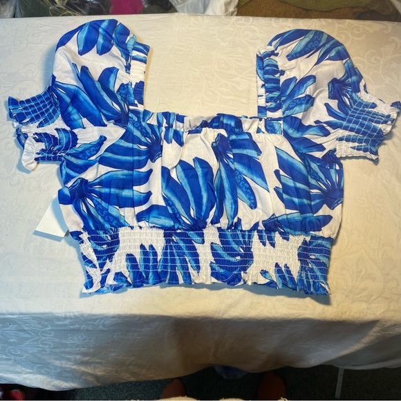 New Nordstrom Square Neck Puff Sleeve Crop Top Hawaiian Island Tropical Blouse - Picture 4 of 10